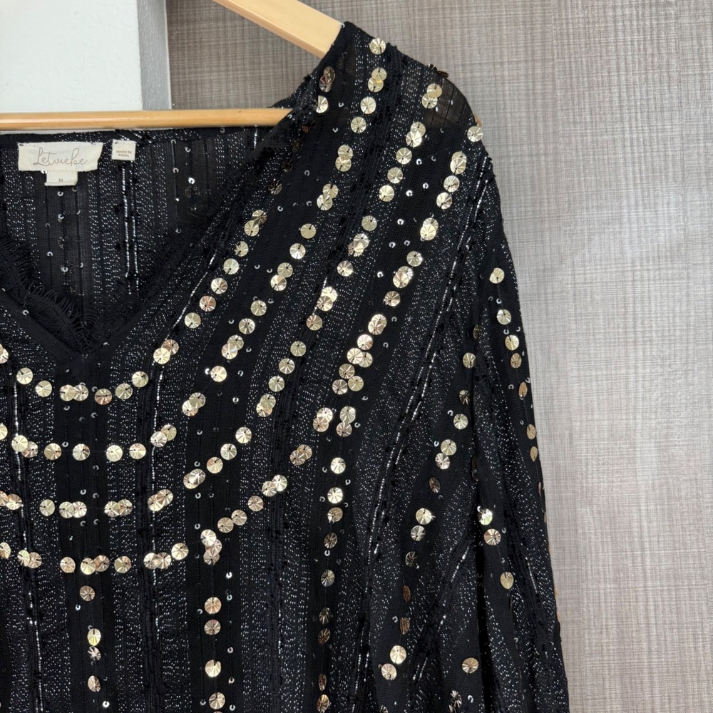 Anthropologie Let Me Be Black Gold Sequin Embellished Lace V Neck Blouse Medium - Picture 7 of 15